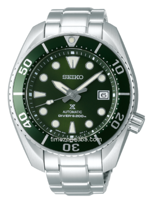 Seiko Prospex Automatic Sumo SPB103J1: A distinctive dive watch featuring a green dial, luminescent markers, and stainless steel bracelet. Crafted for precision and style, it's an ideal timepiece for underwater enthusiasts.