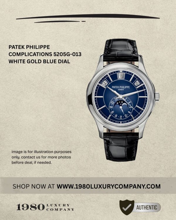 Patek Philippe Complications 5205G-013 in white gold with blue dial